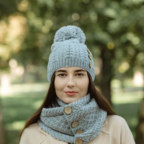 ML302 103 Grey Aran Button Pom-Pom Hat ShamrockGift.com