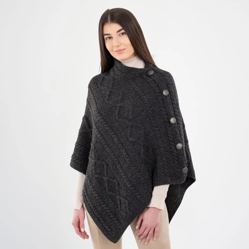 ML906-101-Charcoal Color Merino Irish Poncho with Button Detail ShamrockGift.com
