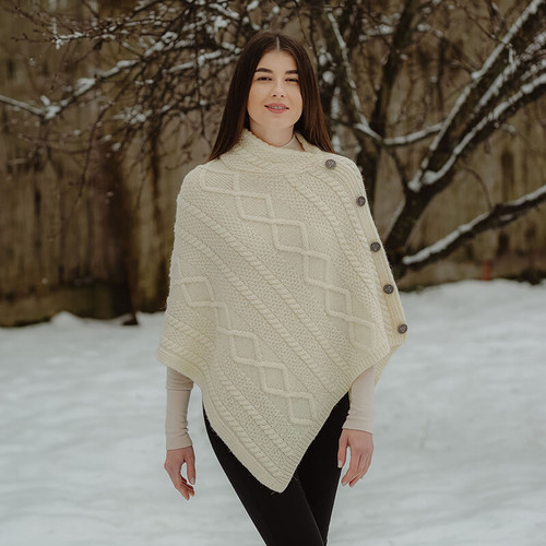 ML906 100 Natural White Merino Irish Poncho with Button Detail Lifestyle Front ShamrockGift.com