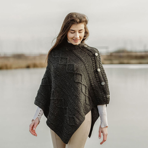 ML906 101 Charcoal Merino Irish Poncho with Button Detail Lifestyle Front ShamrockGift.com