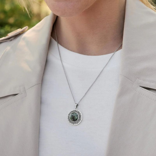 S46133 Connemara Marble Round Irish Necklace Lifestyle Front ShamrockGift.com