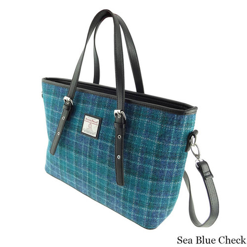 GA-LB1028-COL092-SEA BLUE CHECK Ladies Harris Tweed Tartan Plaid Handbag ShamrockGift.com