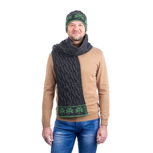 SAOL Merino Wool Knit Three Shamrock Scarf for Men Charcoal Color MM198 ShamrockGift.com