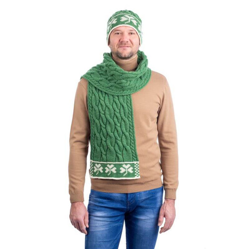 SAOL Merino Wool Knit Three Shamrock Scarf for Men Green Color MM198 ShamrockGift.com
