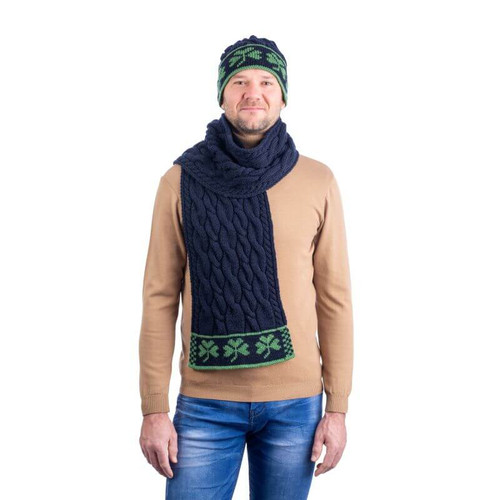 SAOL Merino Wool Knit Three Shamrock Scarf for Men Navy Color MM198 ShamrockGift.com