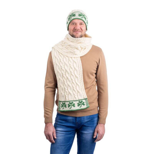 SAOL Merino Wool Knit Three Shamrock Scarf for Men Natural Color MM198 ShamrockGift.com