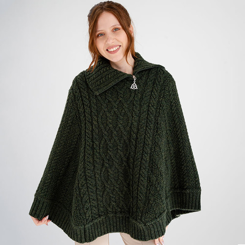 ML161 Irish Fisherman Zip Neck Poncho Army Green ShamrockGift.com