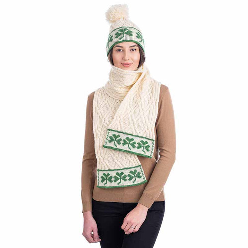 SAOL Three Shamrocks Merino Wool Knit Scarf for Women ML200 Natural ShamrockGift.com