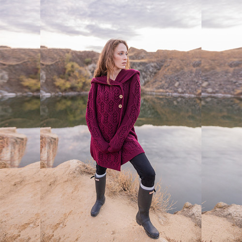 ML162 112 Velvet Red Irish Hooded Fern Women's Cardigan Side Lifestyle ShamrockGift.com