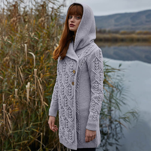ML162 103 Grey Irish Hooded Fern Women's Cardigan Side Lifestyle ShamrockGift.com