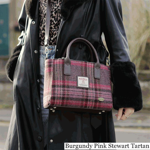 GA-LB1228-COL144 - BURGUNDY PINK STEWART TARTAN Harris Tweed Tartan Brora Tote Bag Lifestyle ShamrockGift.com