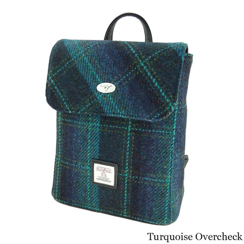 GA-LB1213-COL119-BLUE WITH TURQUOISE OVERCHECK Plaid Irish Tweed and Leather Backpack ShamrockGift.com