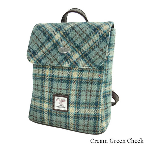 GA-LB1213-COL121-DUCK EGG AND CREAM CHECK Plaid Irish Tweed and Leather Backpack ShamrockGift.com