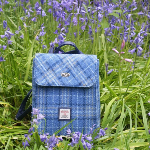 GA-LB1213-COL129-LIGHT BLUE CHECK Plaid Irish Tweed and Leather Backpack ShamrockGift.com