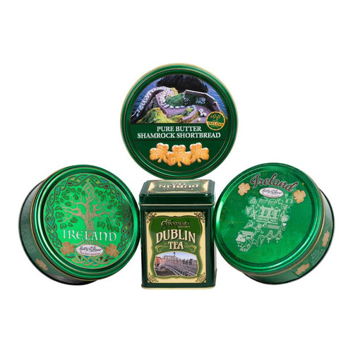 HI-Set-614 Set of Tin Of Dublin Tea, Tree of life shortbread tin, Ireland map shortbread tin & Shamrock shape cookies in tin Shamrockgift . com