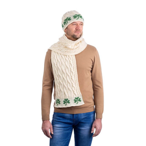 SAOL Irish Aran Knit Cable Pattern Scarf with Shamrocks MM255 Natural ShamrockGift.com