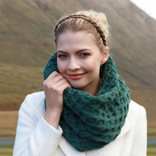 Aran-Woollen-Mills-Women's-Merino-Wool-Honeycomb-Irish-Snood-Scarf B873-Connemara-Green-ShamrockGift.com