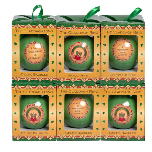 G085G-1(Setof6)-Claddagh Ring Celtic Bauble in Gift Box Close Up set of 6 Studio ShamrockGift.com