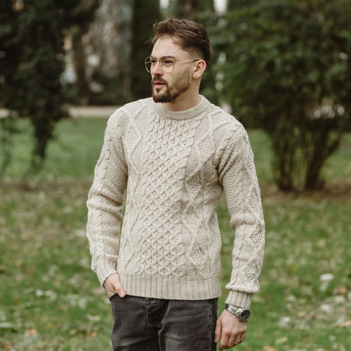 Men's Heavyweight Traditional Fisherman Wool Sweater Parsnip Shamrock Gift.com