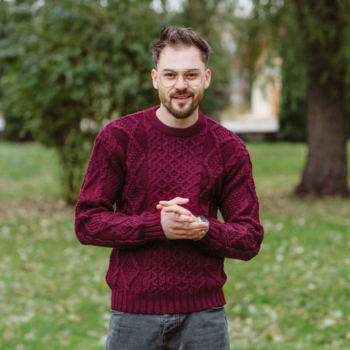 Men's Heavyweight Traditional Fisherman Wool Sweater Wine Shamrock Gift.com