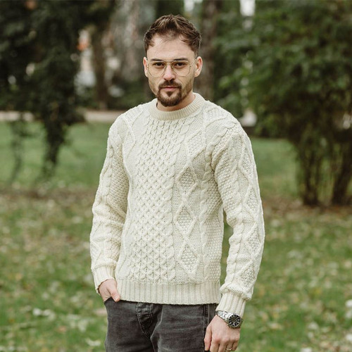 Men's Heavyweight Traditional Fisherman Wool Sweater White Lifestyle ShamrockGift.com
