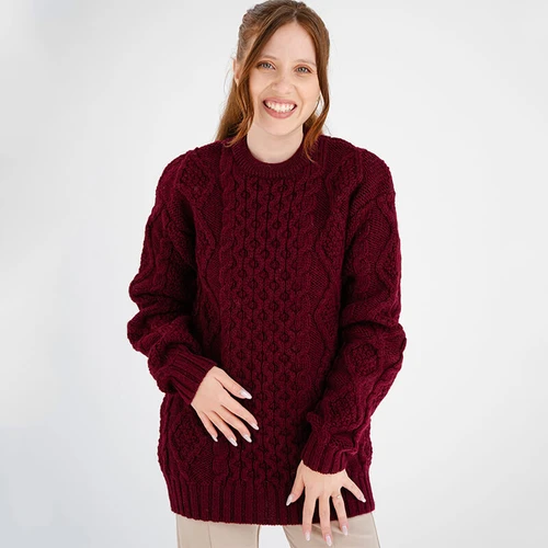 FL194 608 Wine Color Women's Heavyweight Traditional Aran Wool Sweater Wine Front view ShamrockGift.com