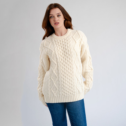 FL194 600 White Color Women's Heavyweight Traditional Aran Wool Sweater Wine Front view ShamrockGift.com