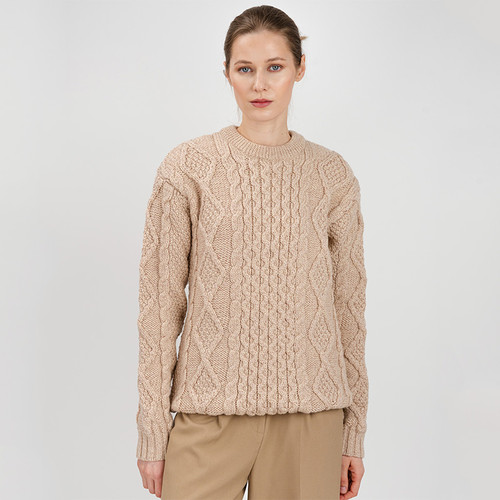 FL194 609 Parsnip Color Women's Heavyweight Traditional Aran Wool Sweater Wine Closeup view ShamrockGift.com