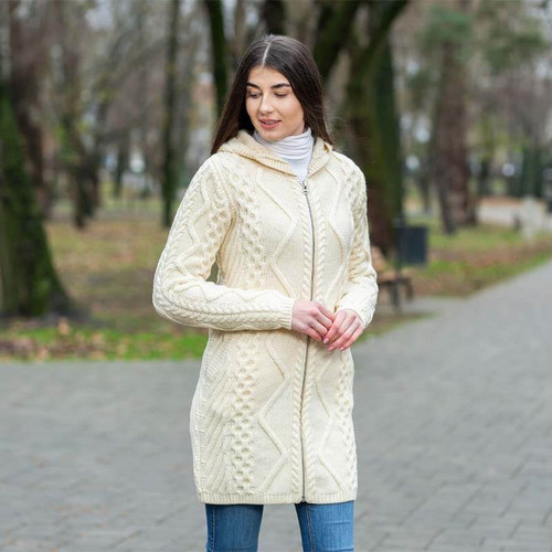 SAOL Ladies Cable Knit Hooded Coat Natural ML901 ShamrockGift.com
