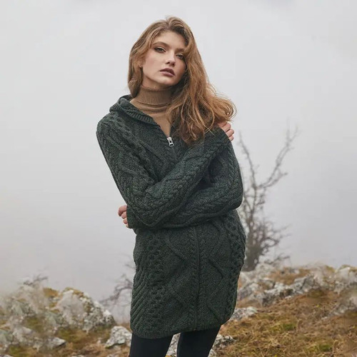 ML901-102 CHARCOAL Color Merino Wool Hooded Aran Zipper Coat Lifetyle ShamrockGift.com