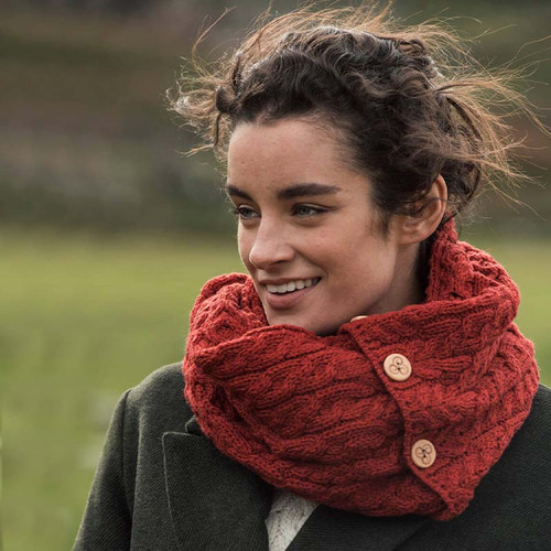 Aran-Woollen-Mills-Snood-Scarf-with-Buttons-A518-Red-Close-Shamrockgift.com