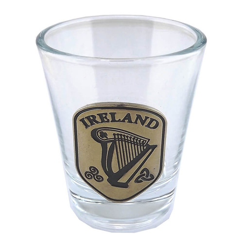 JCW-38815Irish Shot Glass with Pewter Crest Harp ShamrockGift.com