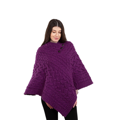 IFL182616 Purple Liliac Traditional Aran Buttoned Cable Knit Poncho ShamrockGift.com