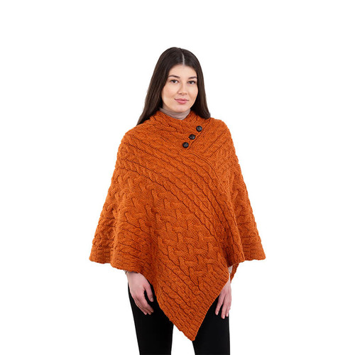 IFL182617 Savanna Traditional Aran Buttoned Cable Knit Poncho ShamrockGift.com