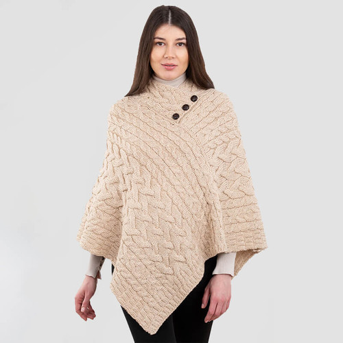 IFL182609 Parsnip Traditional Aran Buttoned Cable Knit Poncho Studio ShamrockGift.com IFL182609 Parsnip Traditional Aran Buttoned Cable Knit Poncho Studio ShamrockGift.com