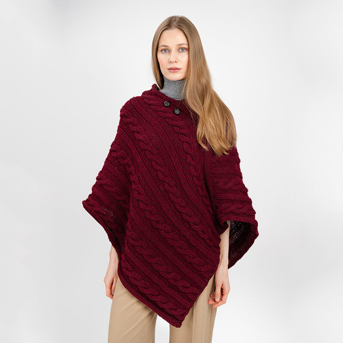 IFL181-608 Wine Red Color Irish Aran Cable Knit Buttoned Poncho ShamrockGift.com IFL181-608 Wine Red Color Irish Aran Cable Knit Buttoned Poncho ShamrockGift.com