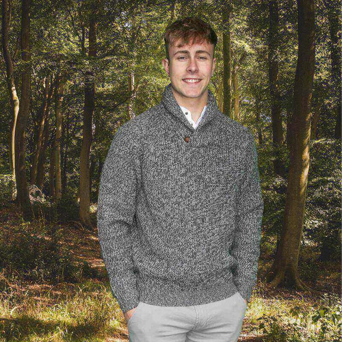 AI-KLBS-BLFM- Men's Irish Wool Shawl Collar Sweater Black Forest Marl ShamrockGift.com