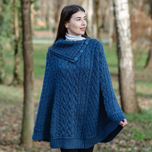 ML169106 Marl Blue Irish Wool Heavyweight Poncho ShamrockGift.com
