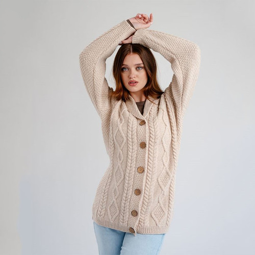 ML163-109 Button Up Merino Wool Shawl Collar Cardigan Closed Shamrockgift.com