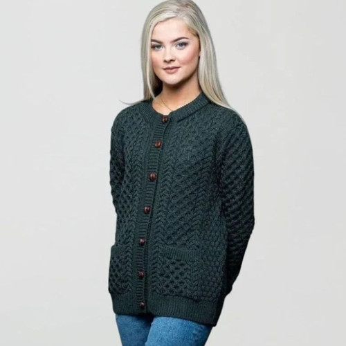 OAC-1505ARMGR Merino Wool Irish Lumber Cardigan With Buttons  Green Front View ShamrockGift.com
