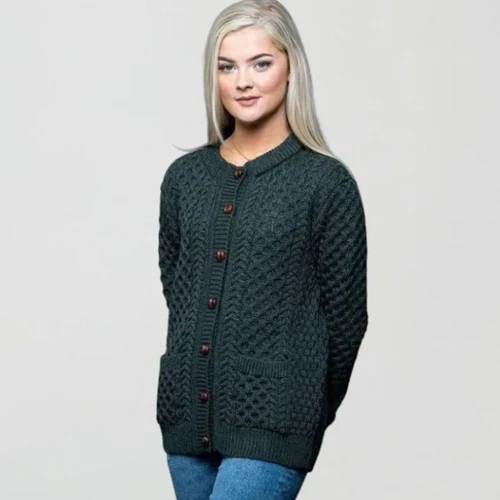 OAC-1505ARMGR Merino Wool Irish Lumber Cardigan With Buttons  Green Front View ShamrockGift.com