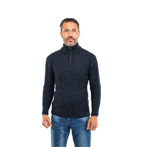 OAC-2507 Men's Half Zip Fisherman Sweater BLK  Front view ShamrockGift.com