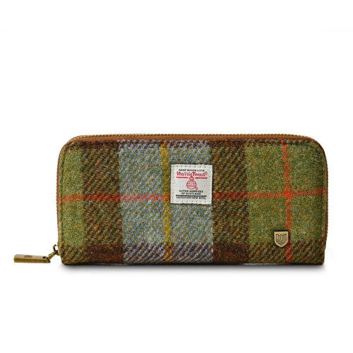 ISL-9630 Harris Tweed Ladies Long Wallet Chestnut Blue Tartan ShamrockGift.com