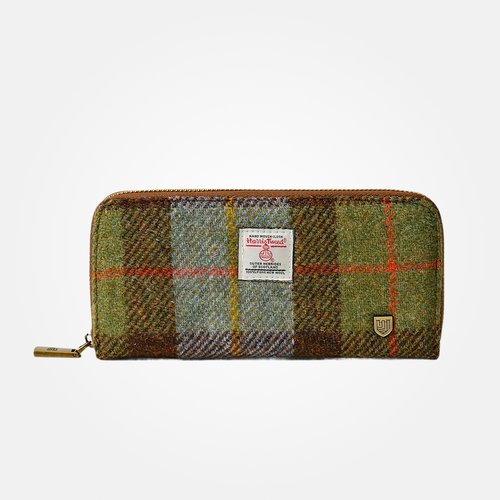ISL-9630 Harris Tweed Ladies Long Wallet Chestnut Blue Tartan ShamrockGift.com