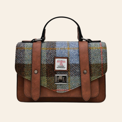 ISL-8312 Harris Tweed Medium Ladies Satchel Chestnut Blue Tartan ShamrockGift.com