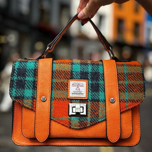 ISL-8312ORANBLUTTL00 Orange Color Islander Harris Tweed Tartan Satchel - Medium Lifestyle ShamrockGift.com