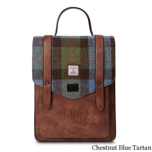 ISL-8399 Laptop Harris Tweed Backpack Chestnut Blue Tartan ShamrockGift.com