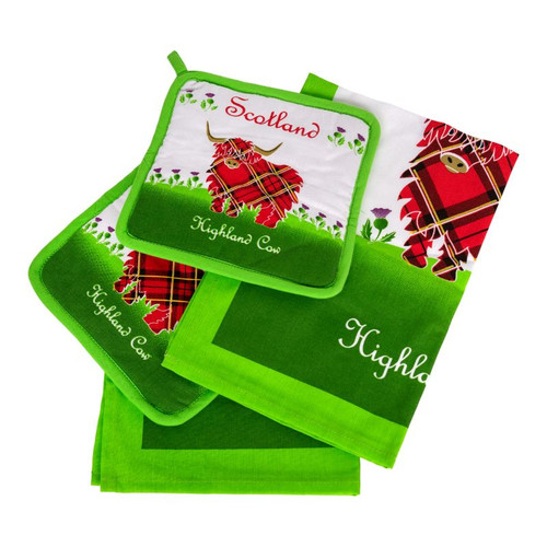 HI-Set-449 Set of 2 Highland Cow Tea Towel & Pot Holder Shamrockgift . com
