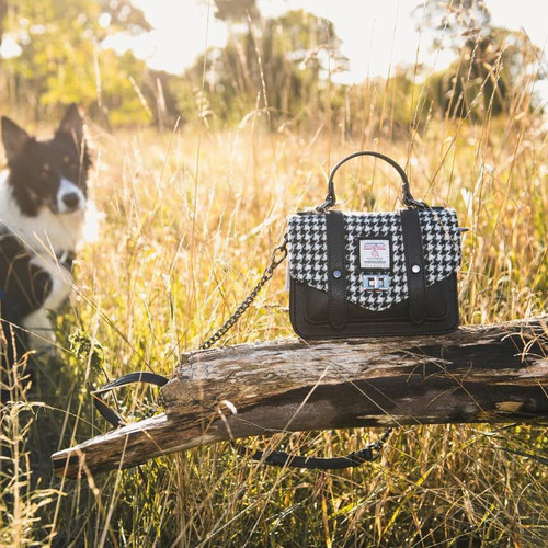 ISL-8308 Harris Tweed Baby Satchel Black and white Dogtooth Lifestyle ShamrockGift.com