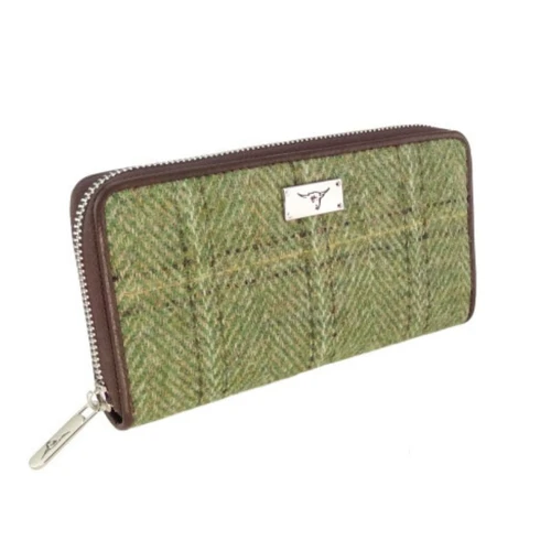 GA-LB2100-COL153-Green Herringbone Ladies Harris Tweed Long Zip Purse ShamrockGift.com